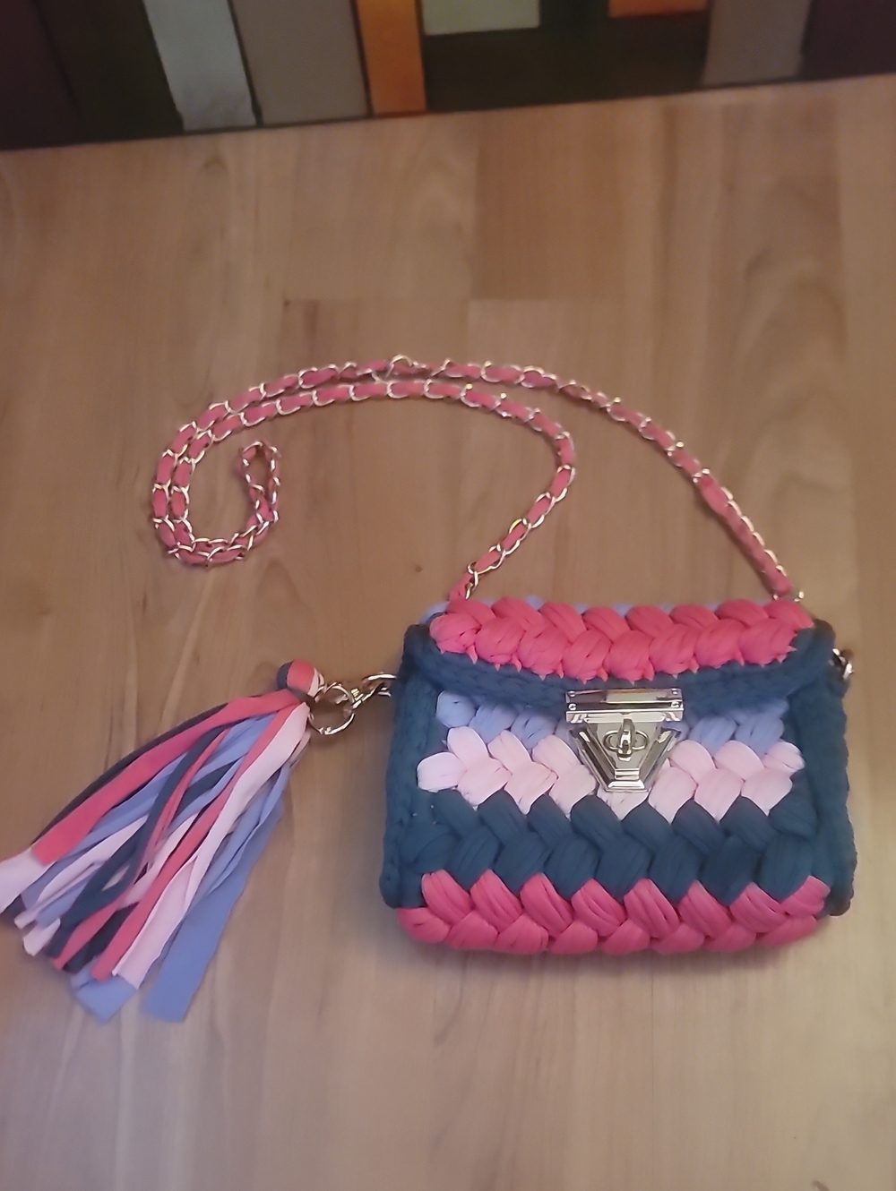 Pink & Blue Braided Crochet Crossbody Bag with Tassel